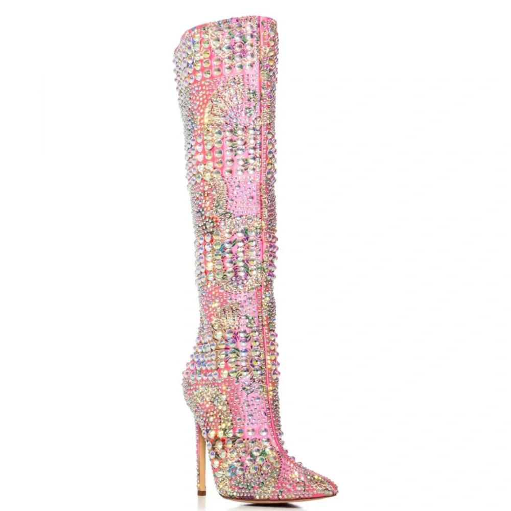 AZALEA WANG Pink Floral Embroidered Brocade Rhinestone Boots